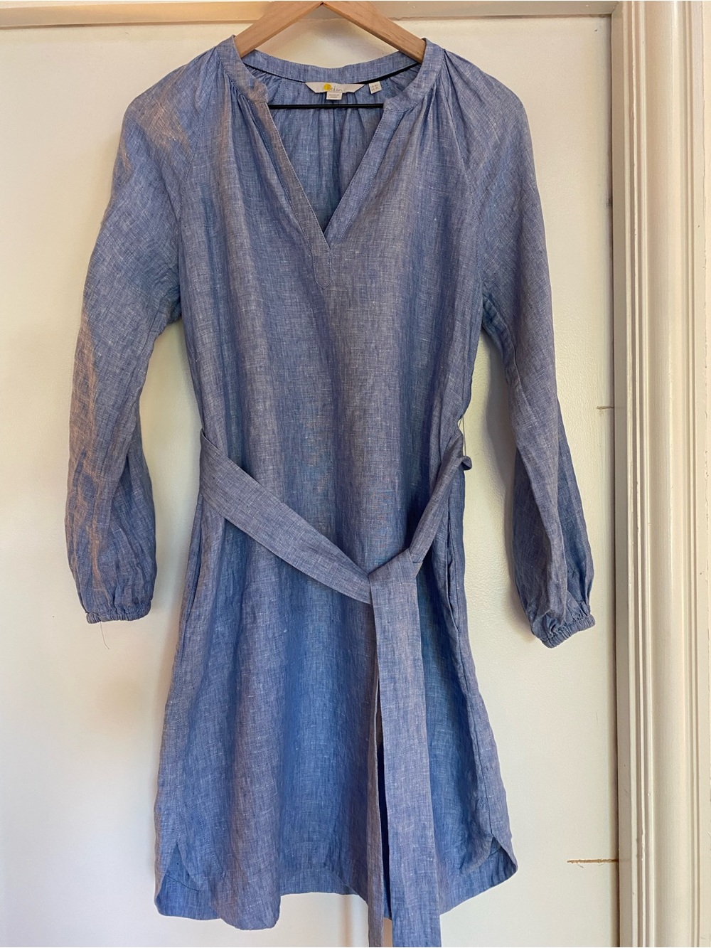 Boden Light Blue Linen Tie-Waist Long Sleeve Dress